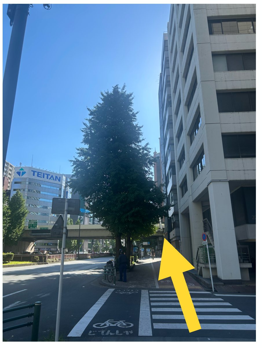 信号を渡ると歩道橋が見えてきます